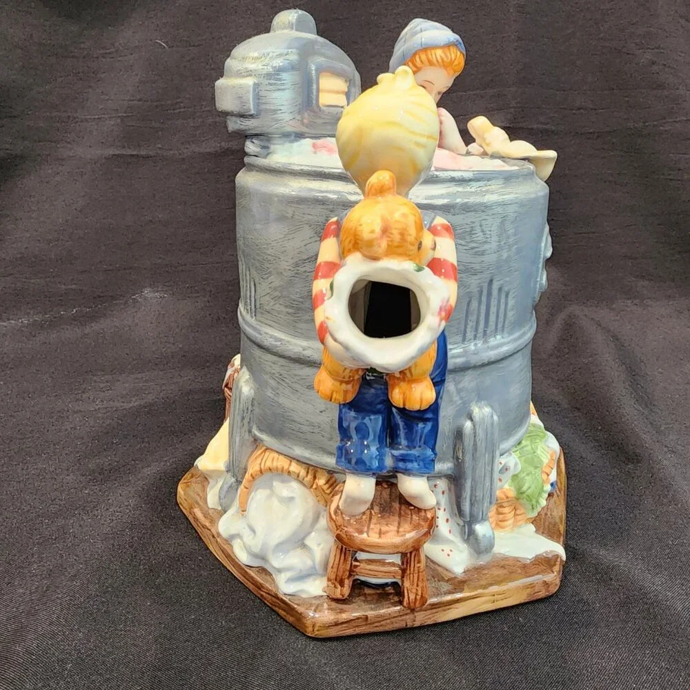 Vintage Ceramic Teapot Old Fashioned Ringer Washer Mom and Son, Rare